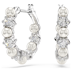Silver hoop earrings with alternating cultured pearls and round brilliant-cut clear gemstones.