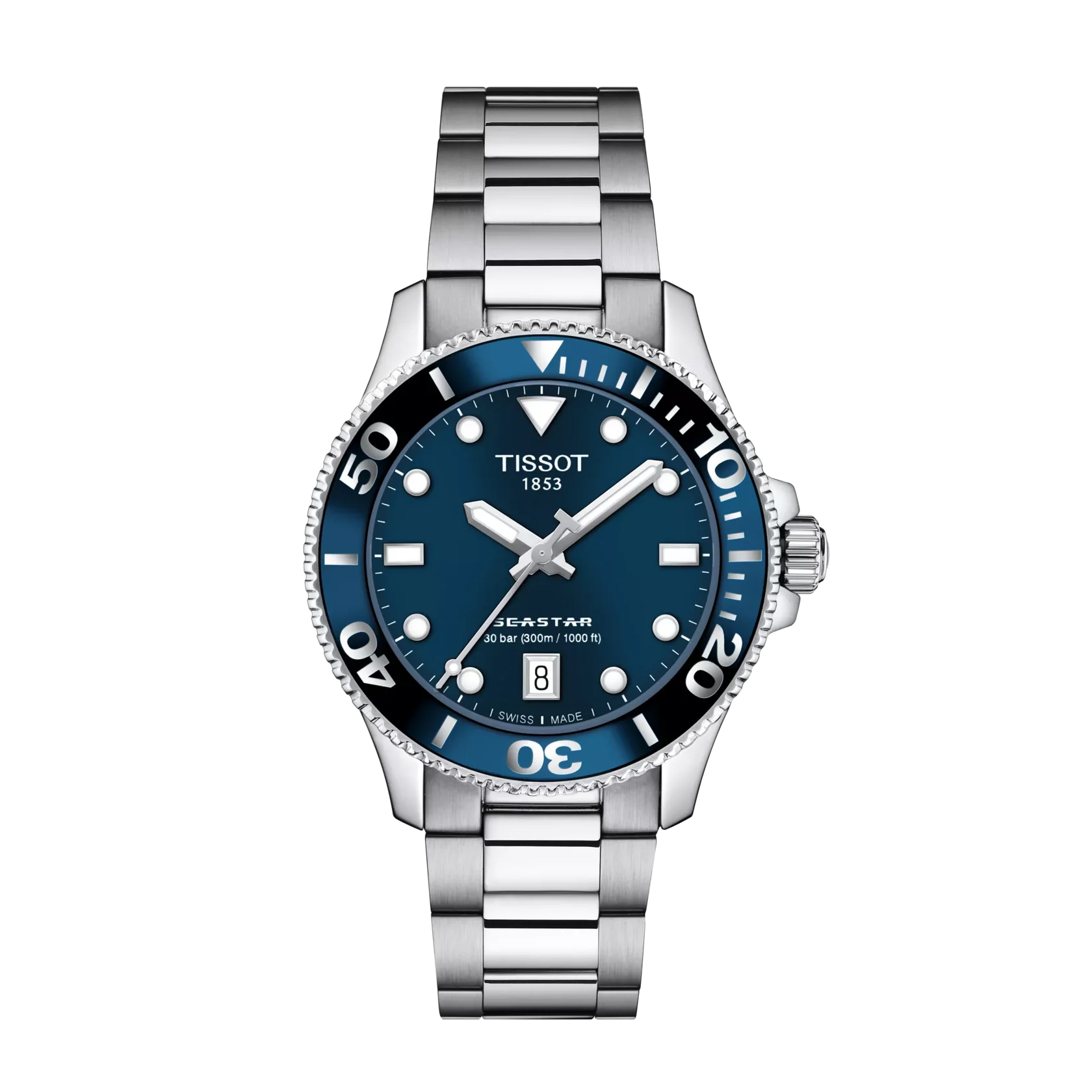 Tissot watch with blue dial and silver bracelet on a white background