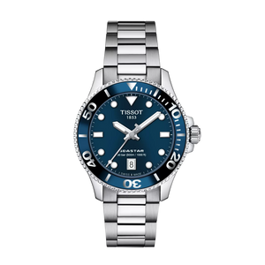 Tissot watch with blue dial and silver bracelet on a white background
