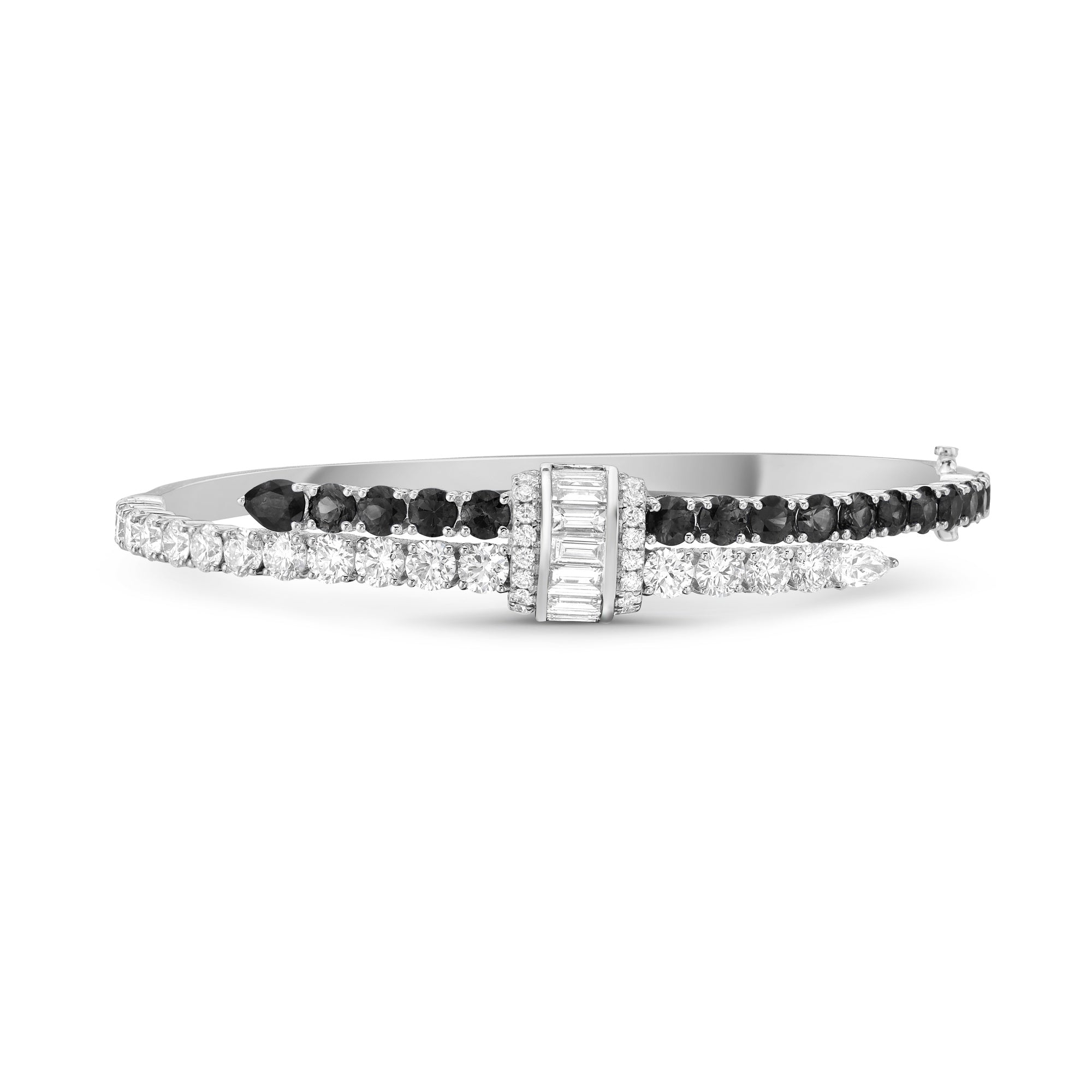 A white gold hinged bangle bracelet featuring rows of black and clear baguette-cut diamonds, displayed on a clean white background.