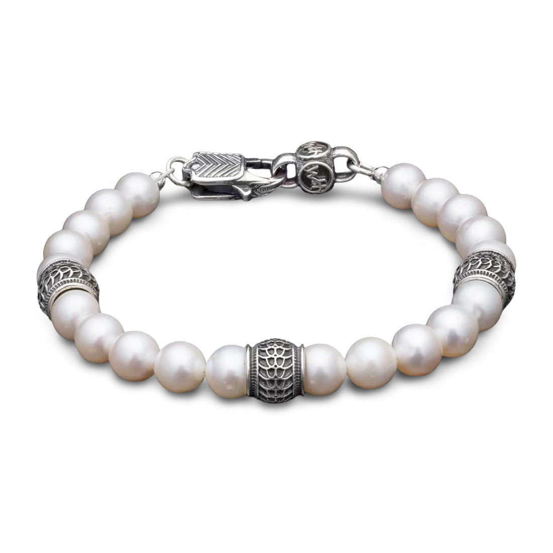 Top view of William Henry Full Moon bracelet showing 8mm white freshwater pearls and sterling silver beads on white background