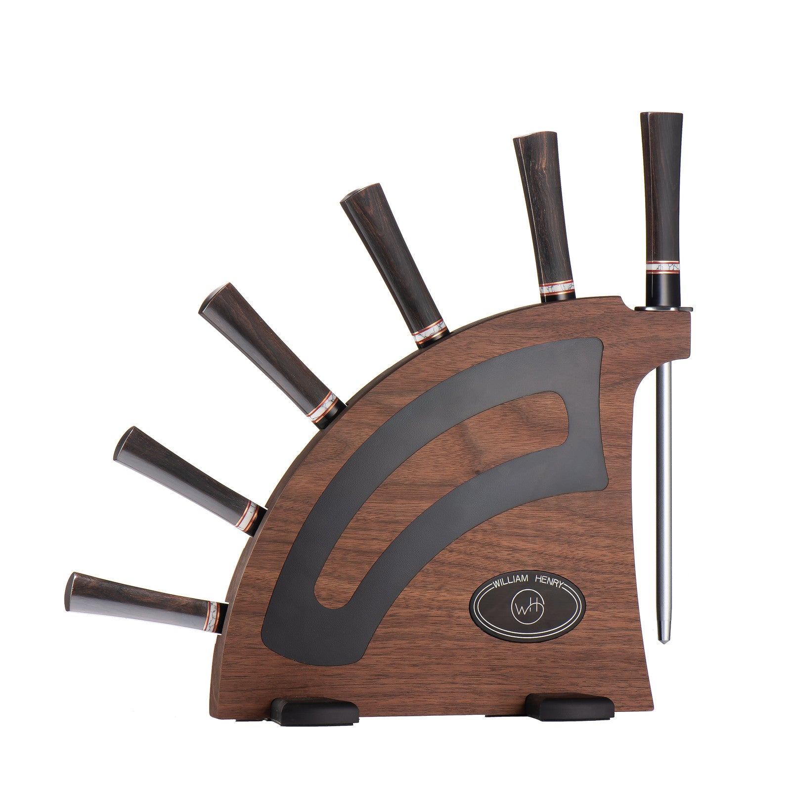 Wooden knife block with five ebony-handled chef knives and sharpening steel — WILLIAM HENRY WH