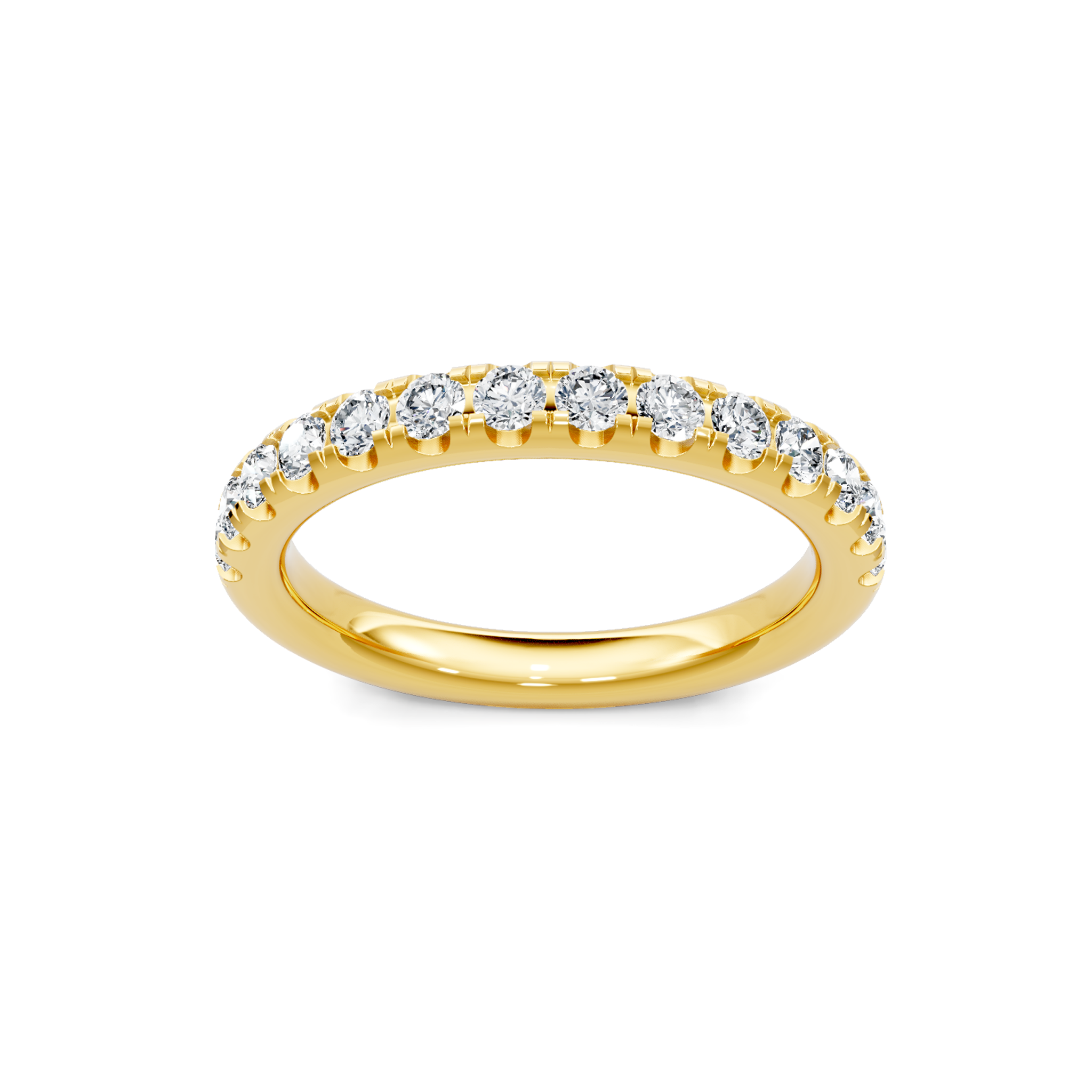 Yellow gold eternity band with round brilliant diamonds set halfway around the ring
