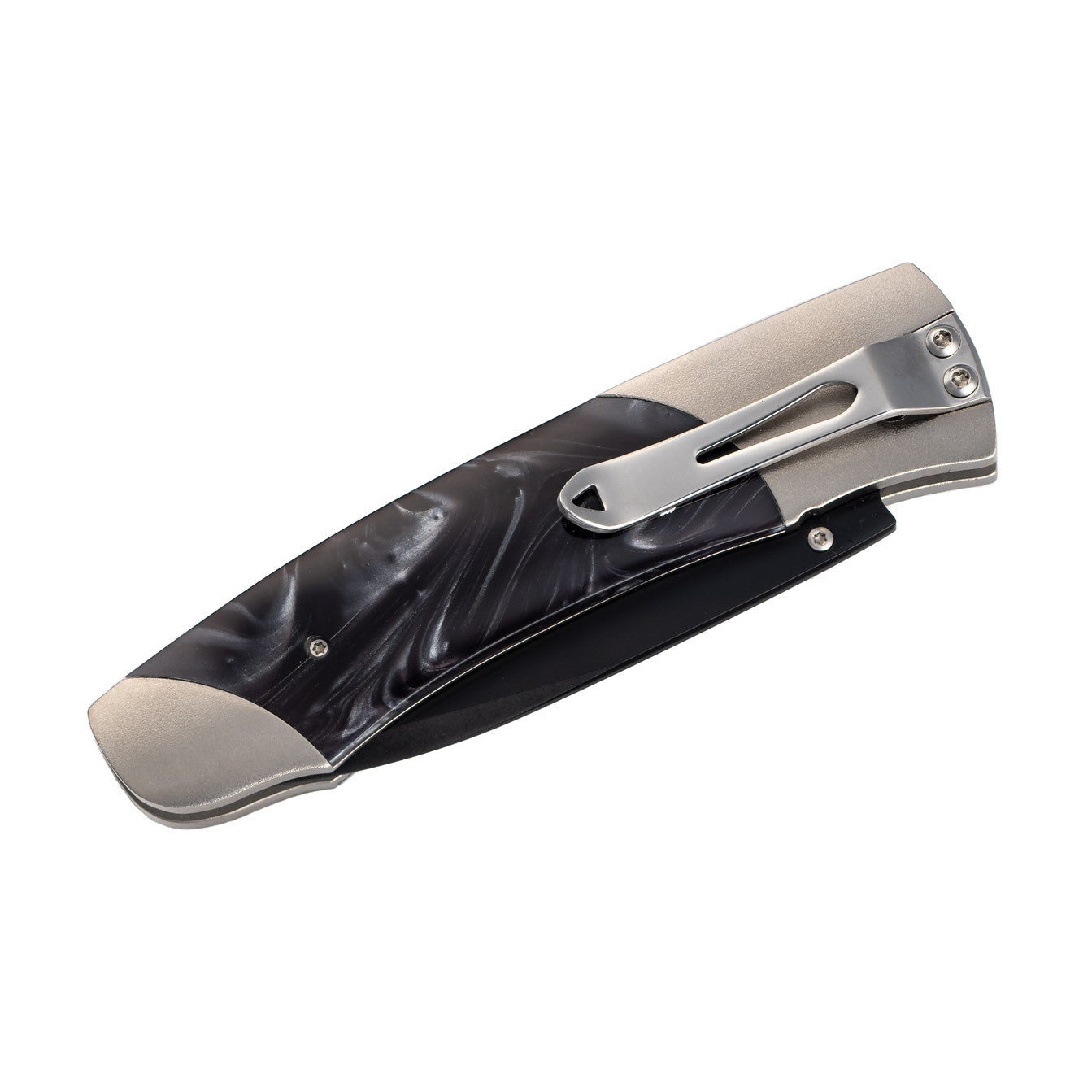 Closed folding pocket knife with marbled black handle, matte metal bolsters and a stainless pocket clip