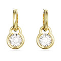 Front view of Dextera Drop Earrings showing bezel set round stones and gold tone mini hoop drops on white background