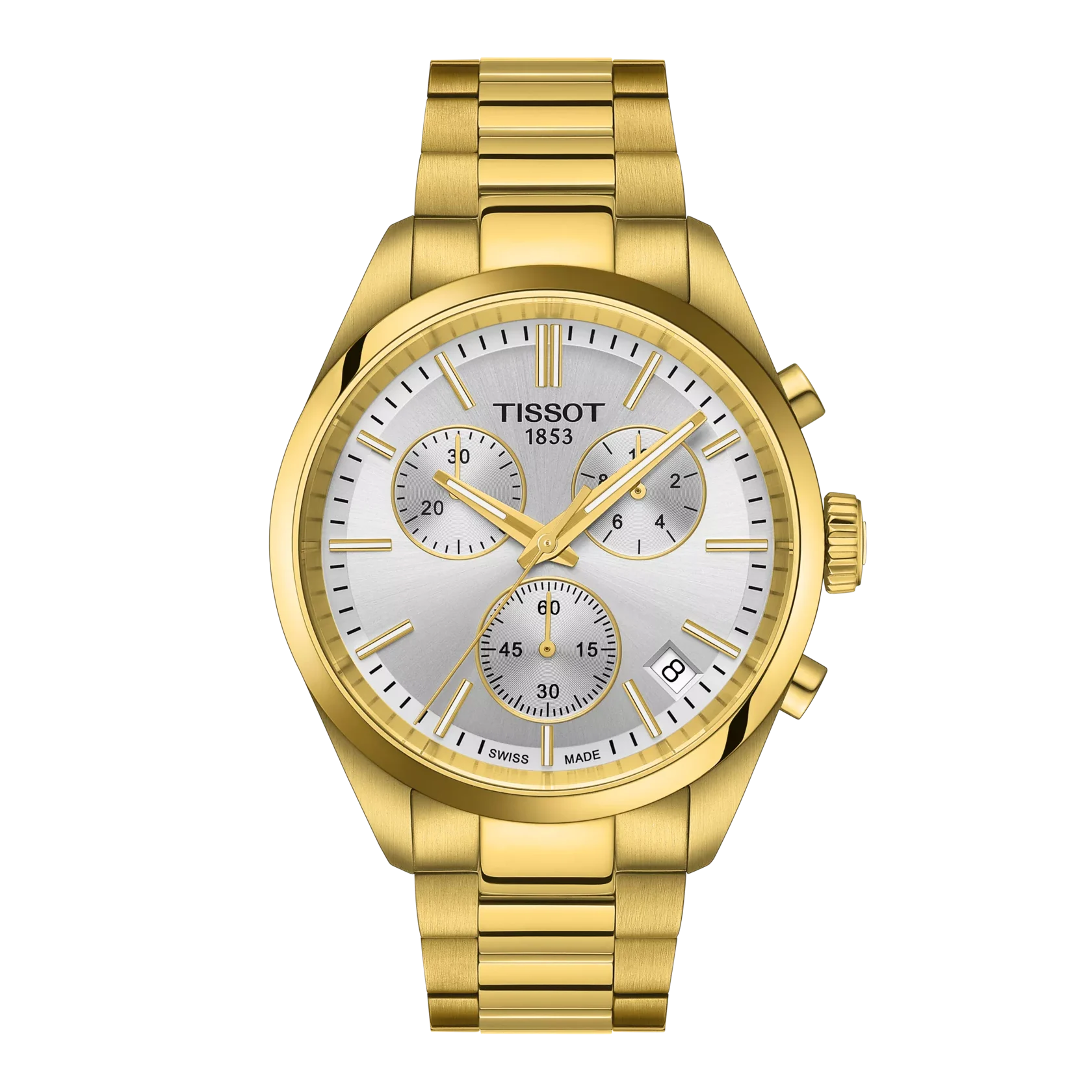 Tissot gold accent color watch with silver dial on a white background