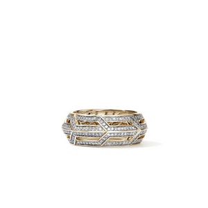 Front view of 14K yellow gold Diamond Icon ring showcasing geometric chevron chain design with pavé diamonds on white background
