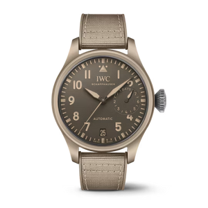 Tan IWC SCHAFFHAUSEN Big Pilot’s TOP GUN “Mojave Desert” watch — AUTOMATIC dial, 7 DAYS power reserve, date 25