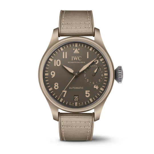 Tan IWC SCHAFFHAUSEN Big Pilot’s TOP GUN “Mojave Desert” watch — AUTOMATIC dial, 7 DAYS power reserve, date 25