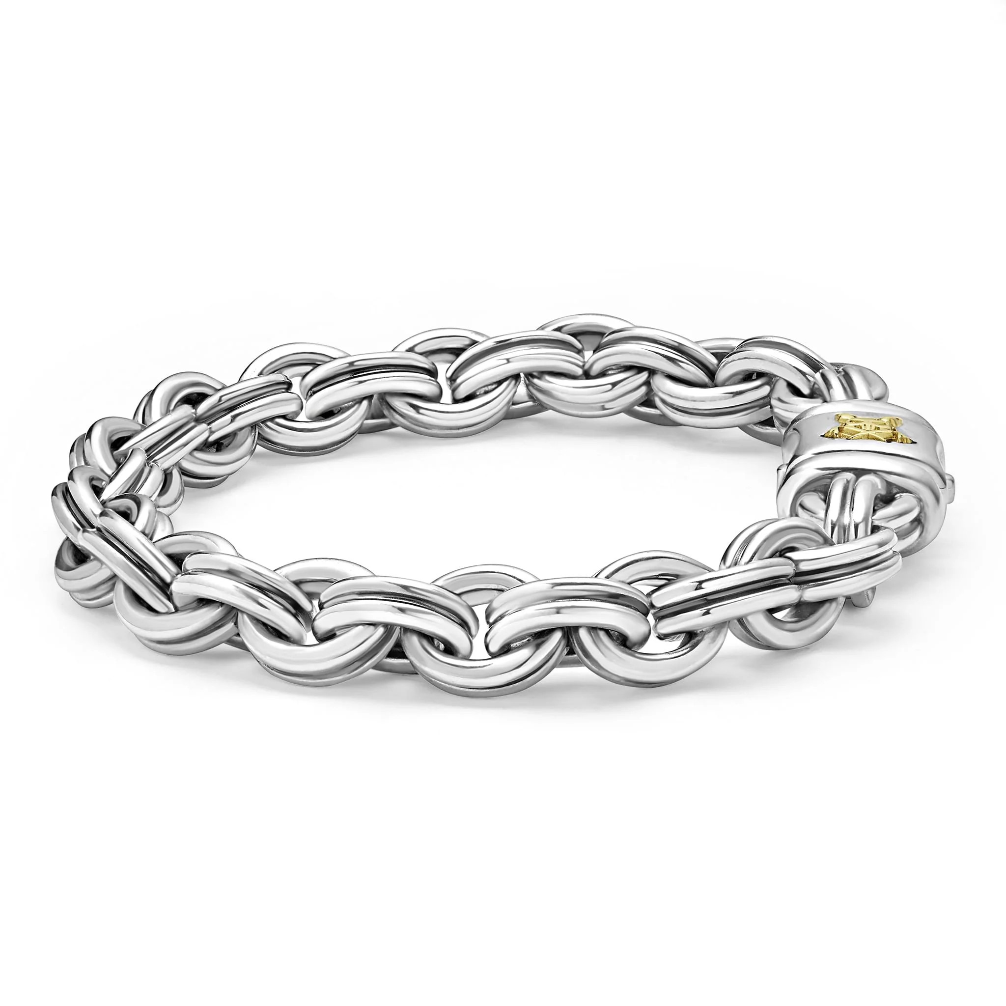 Close-up of double link bracelet showing polished sterling silver links and krunch crescent clasp with 18K gold detail
