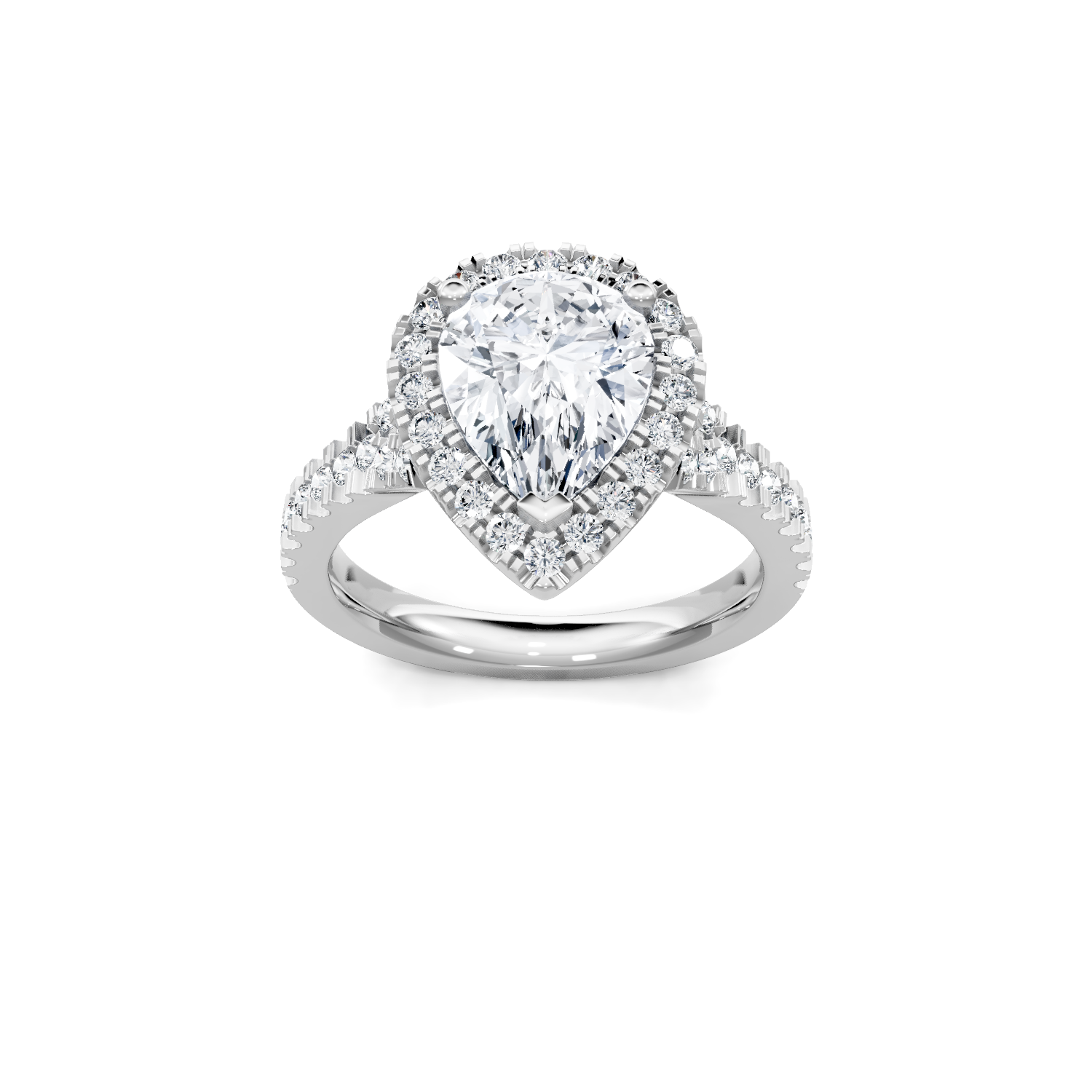 Pear-shaped center halo engagement ring with 0.37 ctw diamonds, pavé diamond band