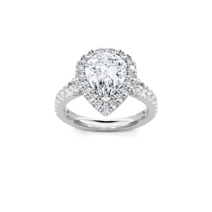 Pear-shaped center halo engagement ring with 0.37 ctw diamonds, pavé diamond band