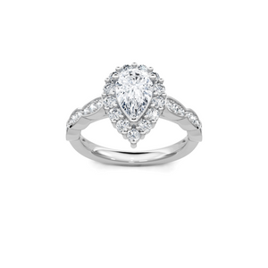 Pear-shaped diamond halo engagement ring with pavé side diamonds on a white gold band