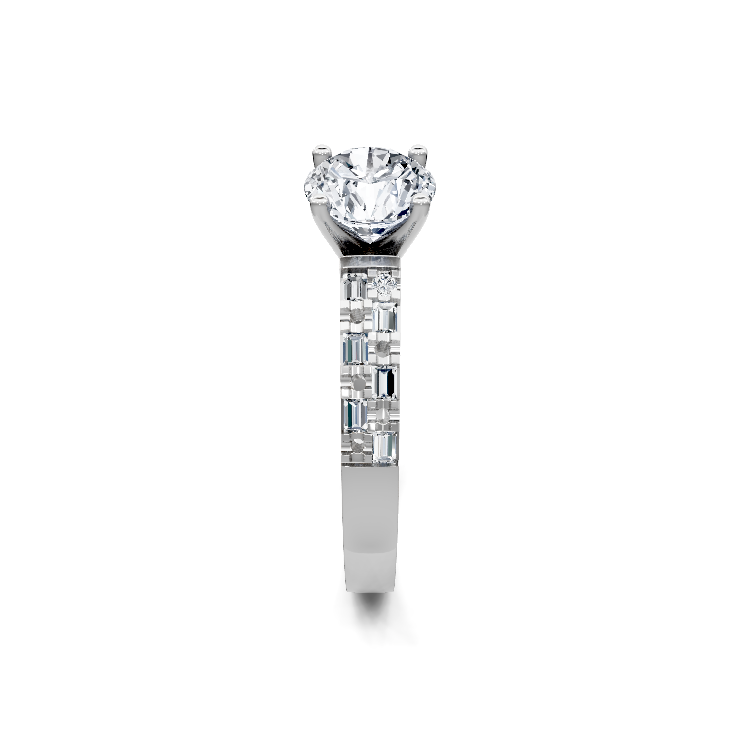 Round brilliant solitaire diamond engagement ring, baguette-accented white gold band, straight-on view.