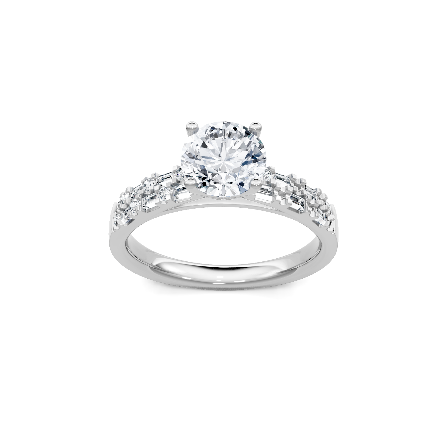 Round brilliant center diamond with pavé shoulder accents on a white gold engagement band