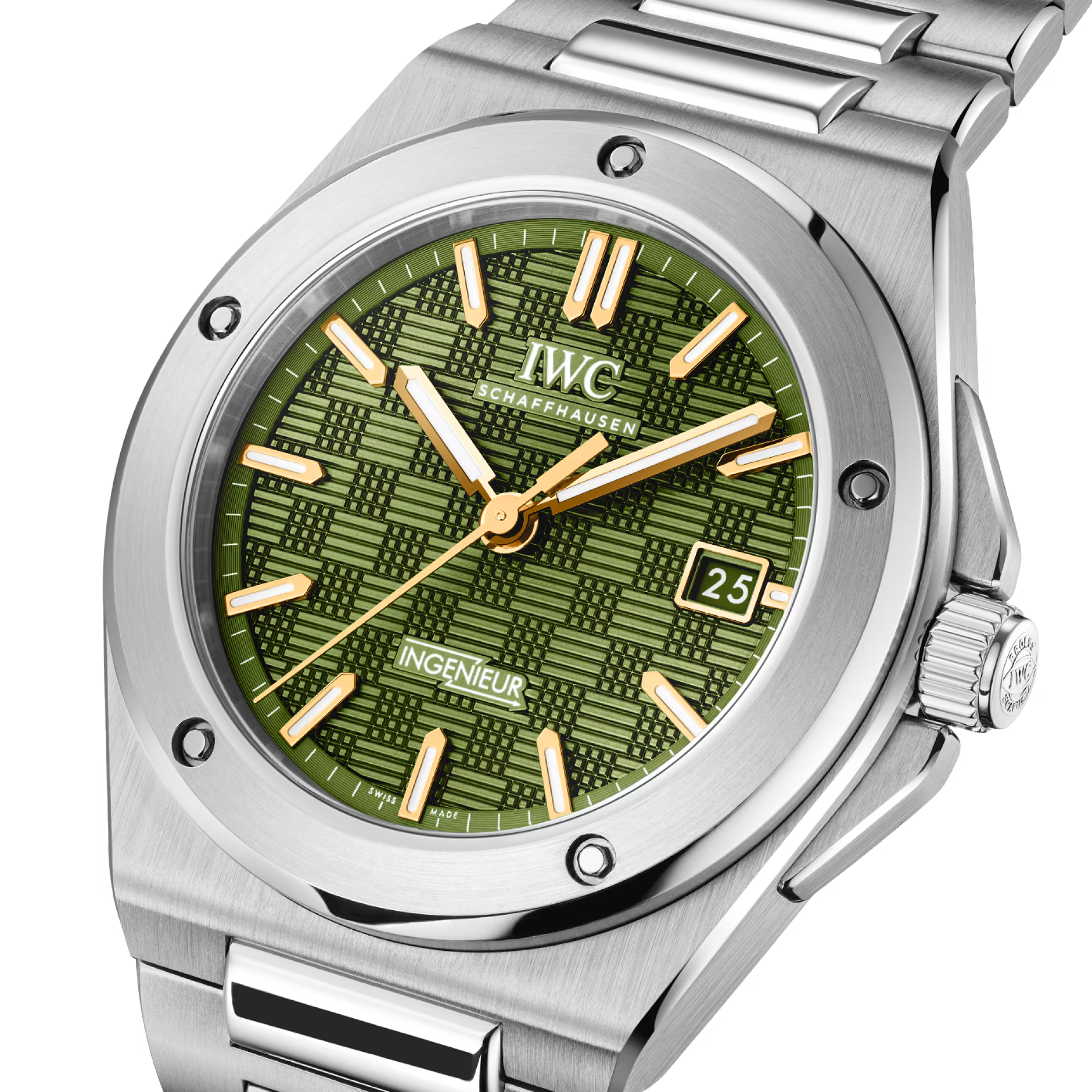 IWC SCHAFFHAUSEN watch with green textured dial labeled INGENIEUR, date 25, SWISS MADE, stainless steel case