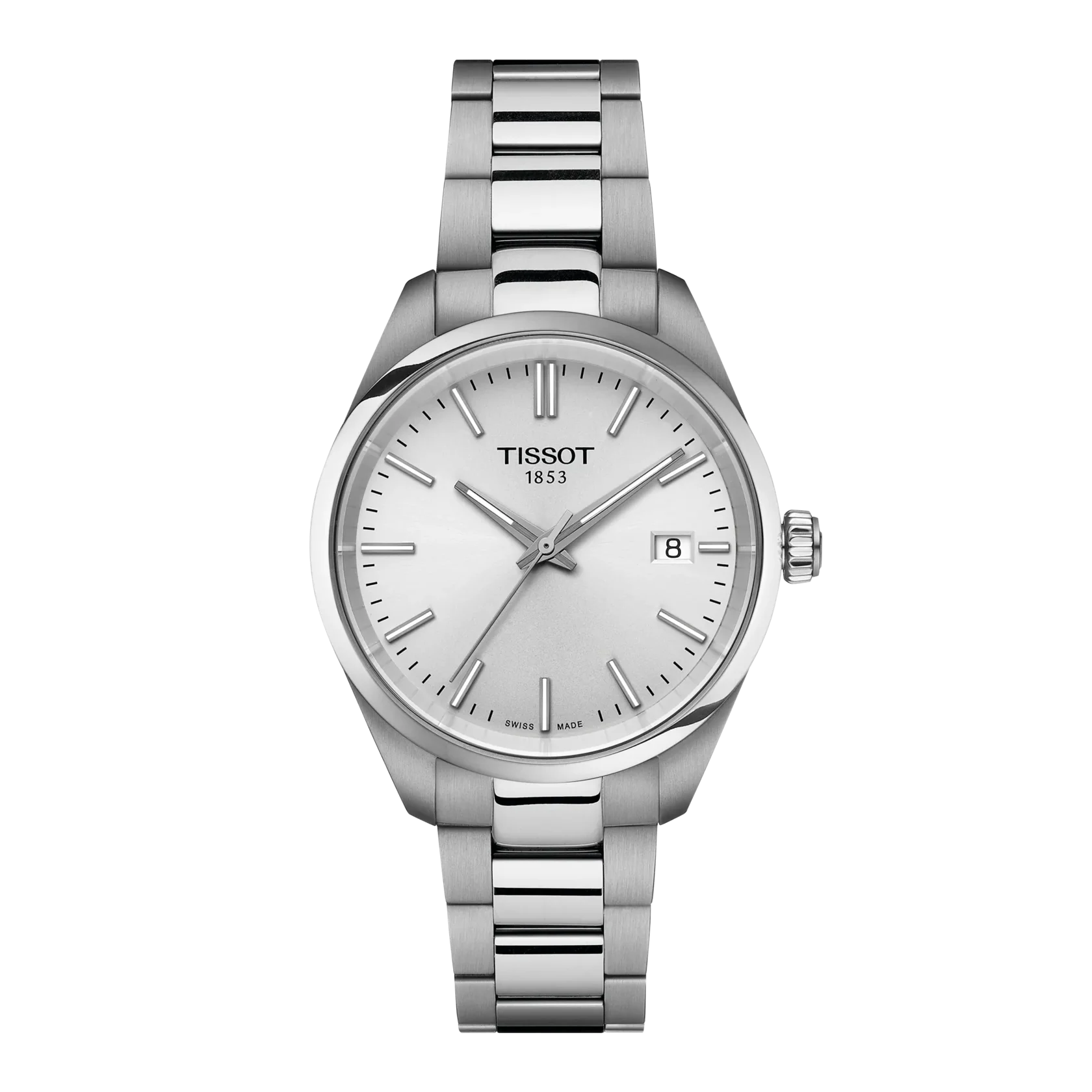Stainless steel Tissot with silver dial on a white background