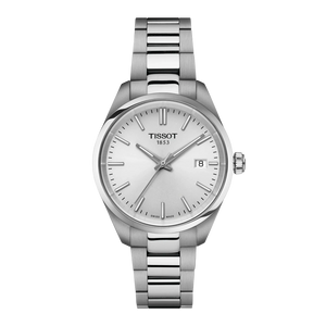 Stainless steel Tissot with silver dial on a white background