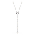 Front view of Ariana Grande x Swarovski Y necklace with rhodium heart connector and graduated pearl beads on white background