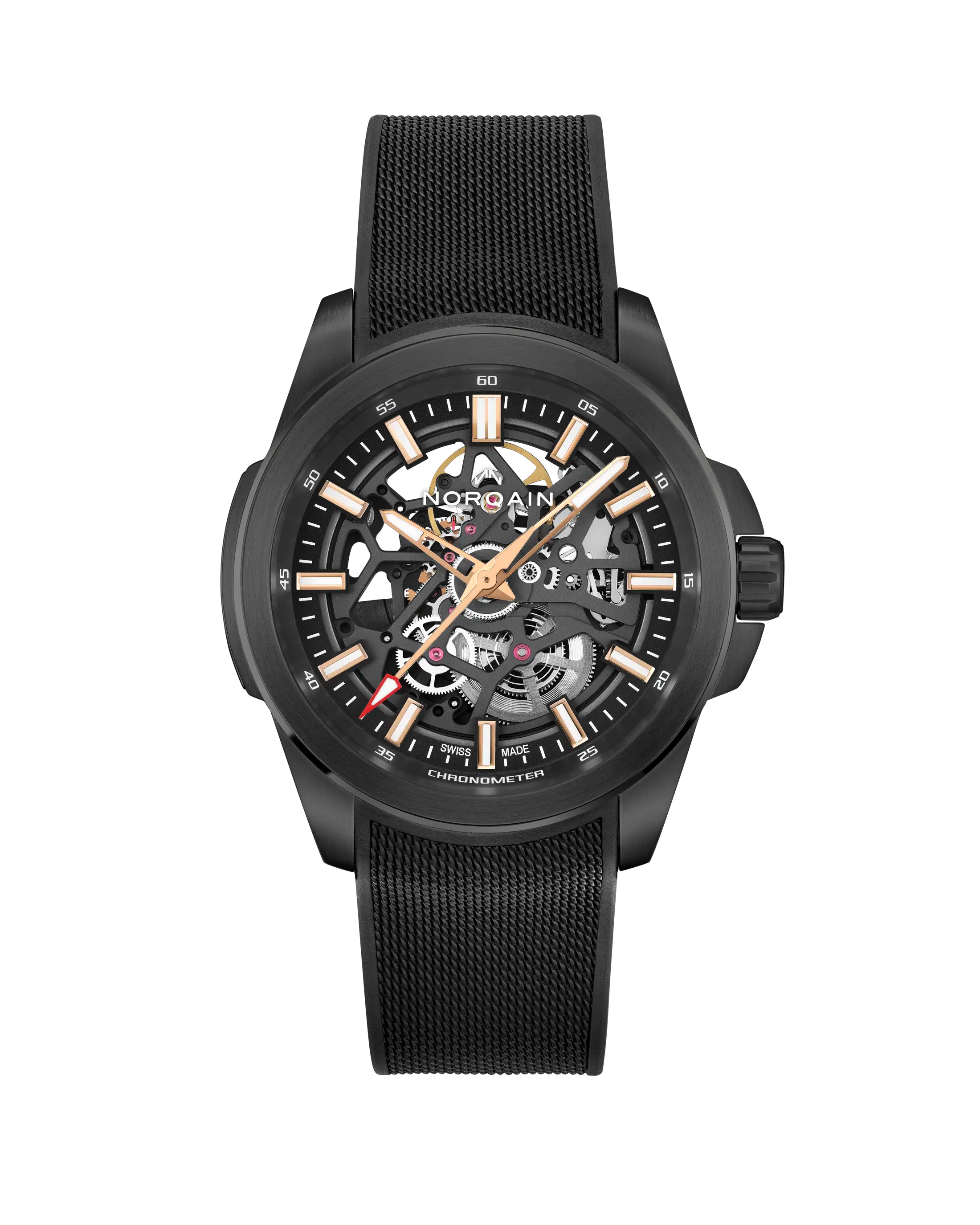A black skeleton watch by AORAIN, featuring a black mesh strap, a black case, and a detailed skeleton dial with rose gold-toned hands and markers, set against a plain white background.