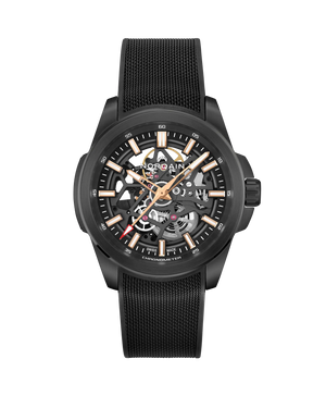 A black skeleton watch by AORAIN, featuring a black mesh strap, a black case, and a detailed skeleton dial with rose gold-toned hands and markers, set against a plain white background.