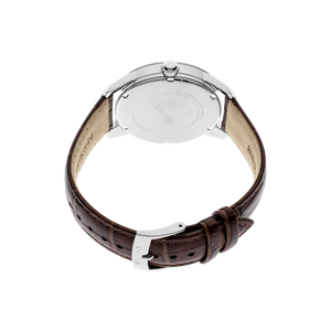 Rear view of Seiko SNE529 watch showing stainless steel case back and brown leather strap with buckle on white background