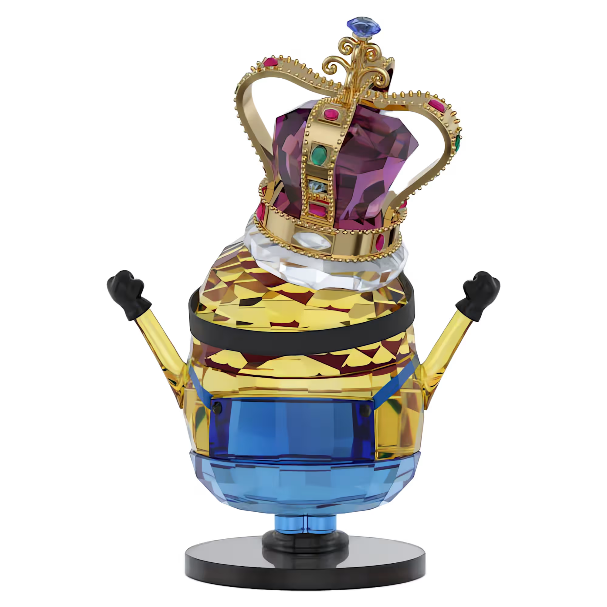 Minion figurine with jeweled crown, faceted crystal-like body, arms raised, on round black base