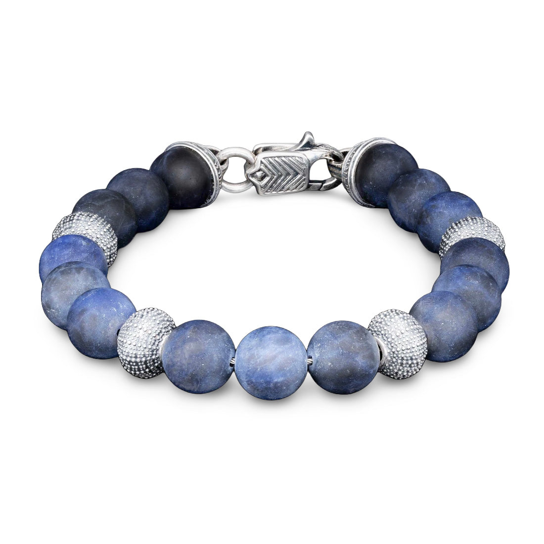 Matte blue sodalite bead bracelet with textured silver spacer beads and a silver lobster clasp