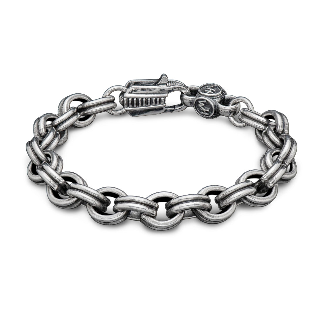 Antiqued silver round-link chain bracelet with decorative clasp and small logo charm
