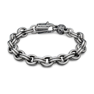 Antiqued silver round-link chain bracelet with decorative clasp and small logo charm