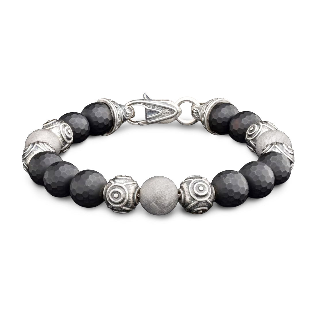 William Henry Monomyth bracelet with black faceted beads and silver carved spacer beads and metal clasp