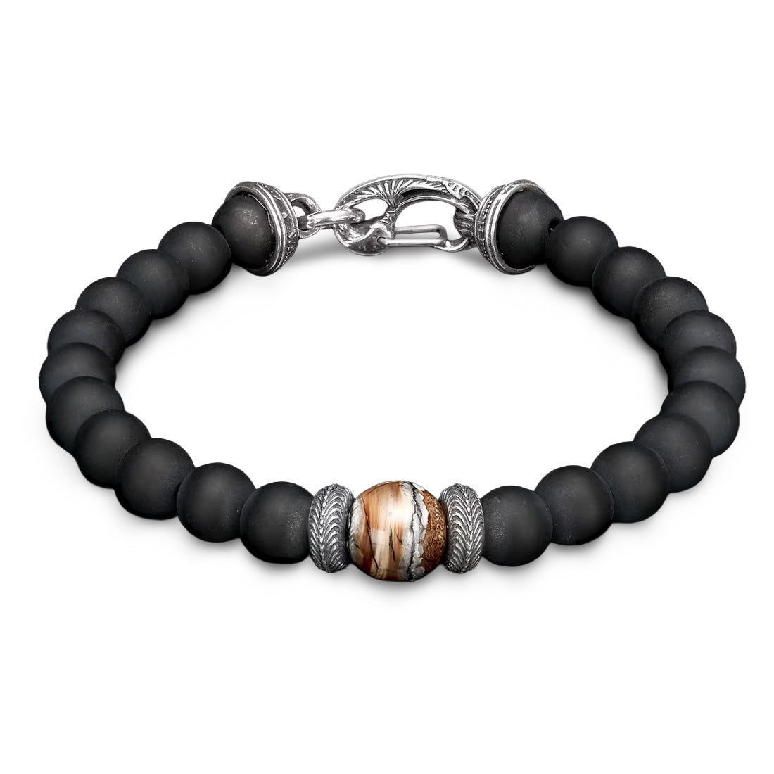Matte black beaded bracelet with central brown striped stone bead flanked by silver rope-accent spacers and a silver clasp