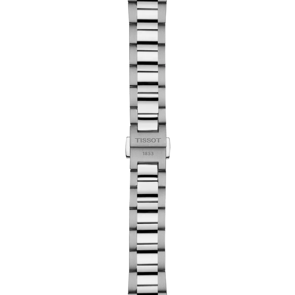 Silver bracelet with Tissot on clasp on white background