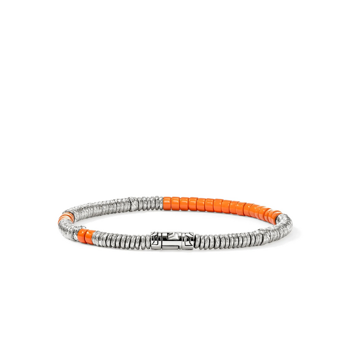 Sterling Silver Orange Enamel Heishi Chain Bracelet