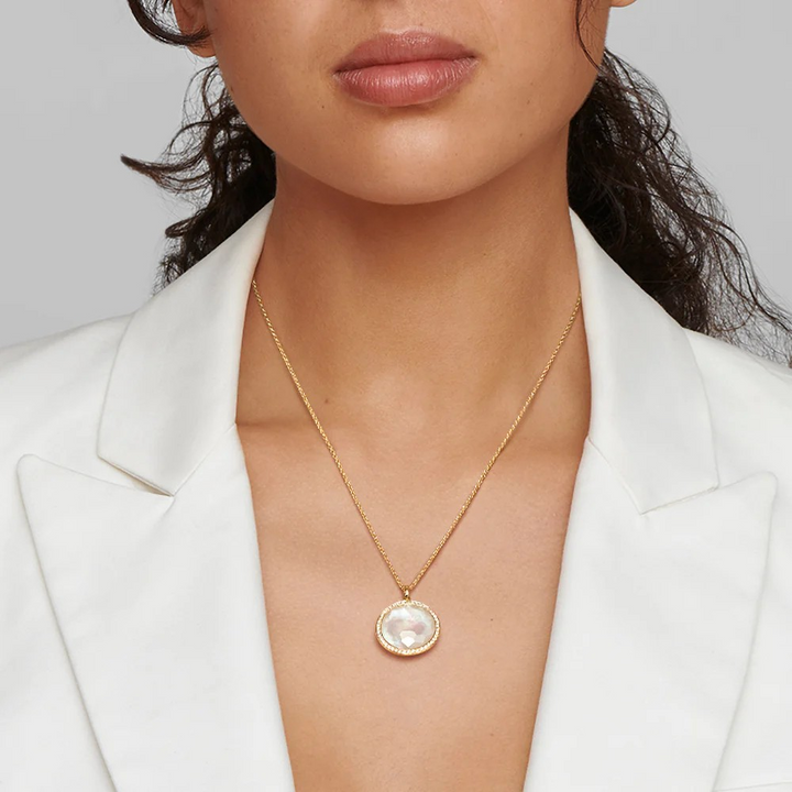 18K Gold Mother of Pearl Diamond Halo Pendant Necklace