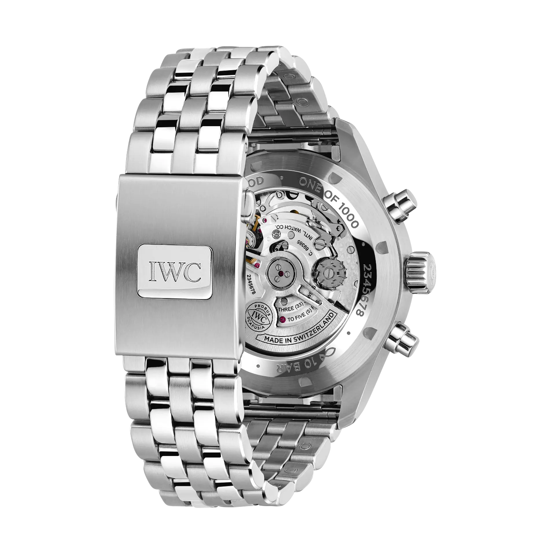 Silver IWC watch with visible brand logo on a white background