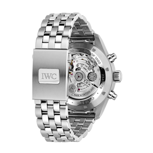 Silver IWC watch with visible brand logo on a white background