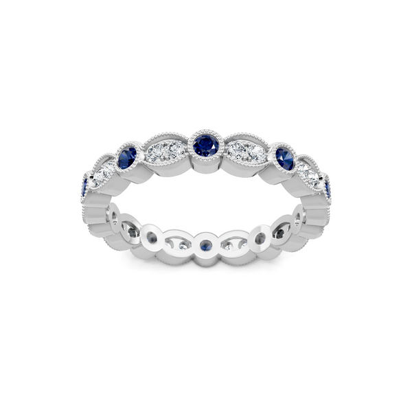 Round Diamond and Blue Sapphire Milgrain Eternity Band