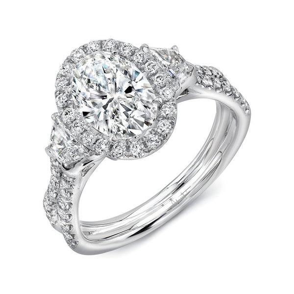 3-Stone-Halo Oval Shaped Engagement Ring