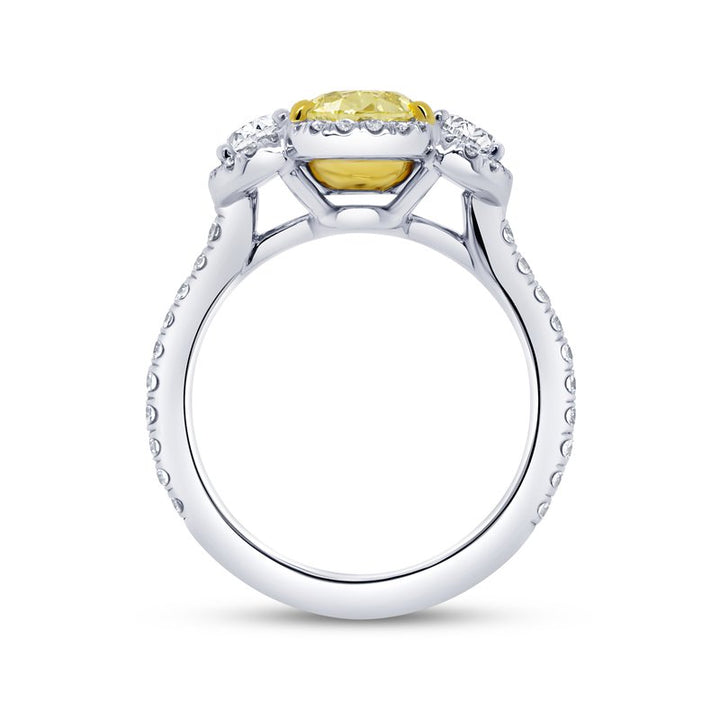 Three-Stone Halo Oval Shaped Fancy Light Yellow Diamond Ring