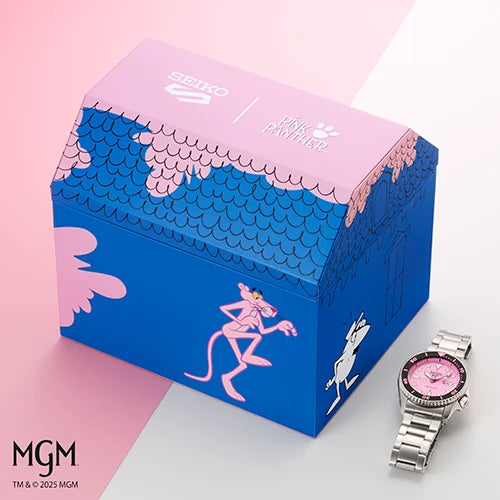 Pink Panther watch with packaging on a pink and white background