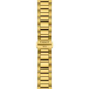 gold accent watch bracelet with Tissot on clasp on a white background