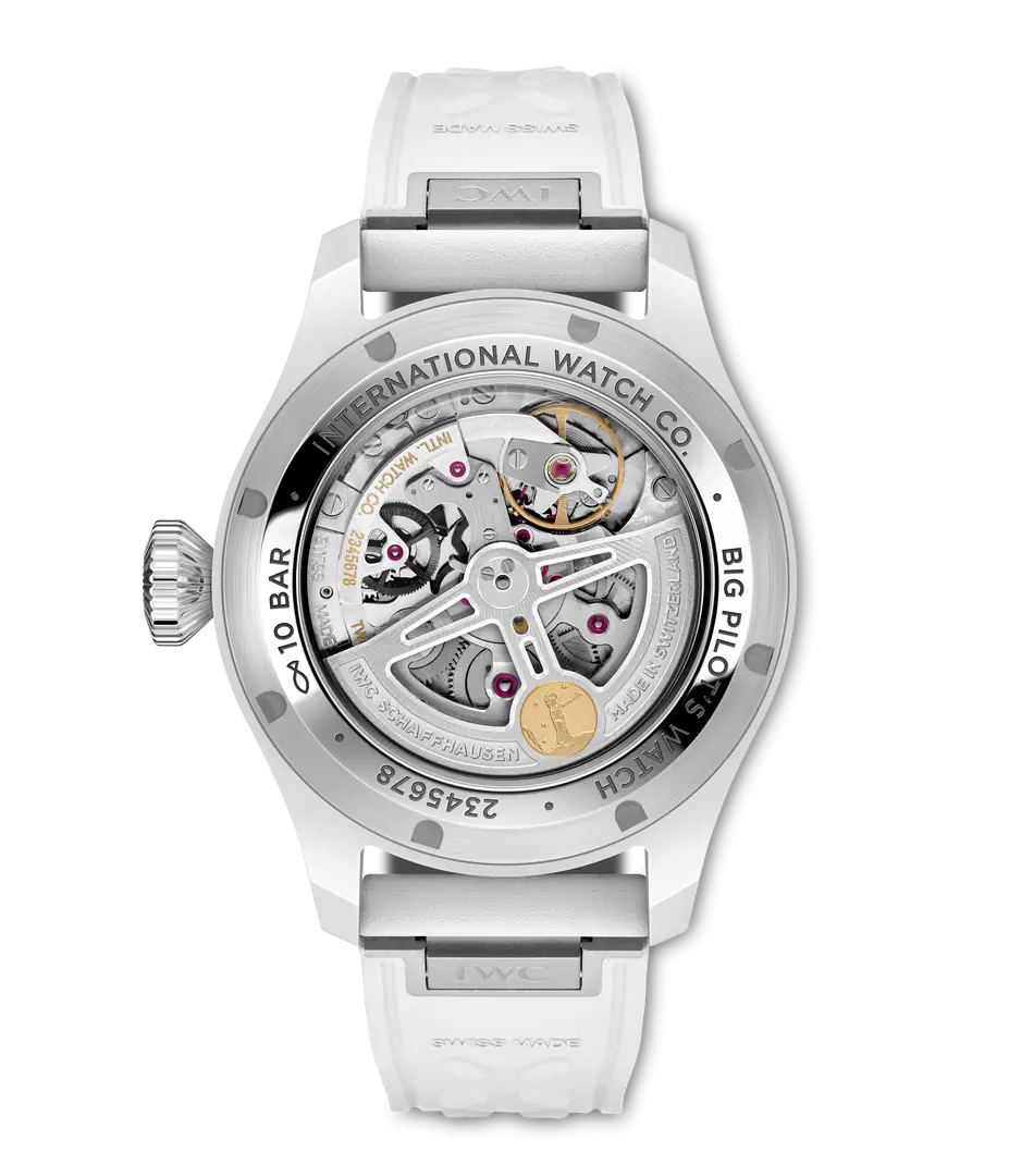 Back of IWC Big Pilot Perpetual Calendar Le Petit Prince showing exhibition caseback with visible movement