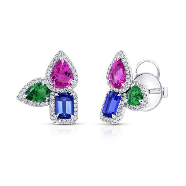 Diamond Halo Garnet Stud Earrings