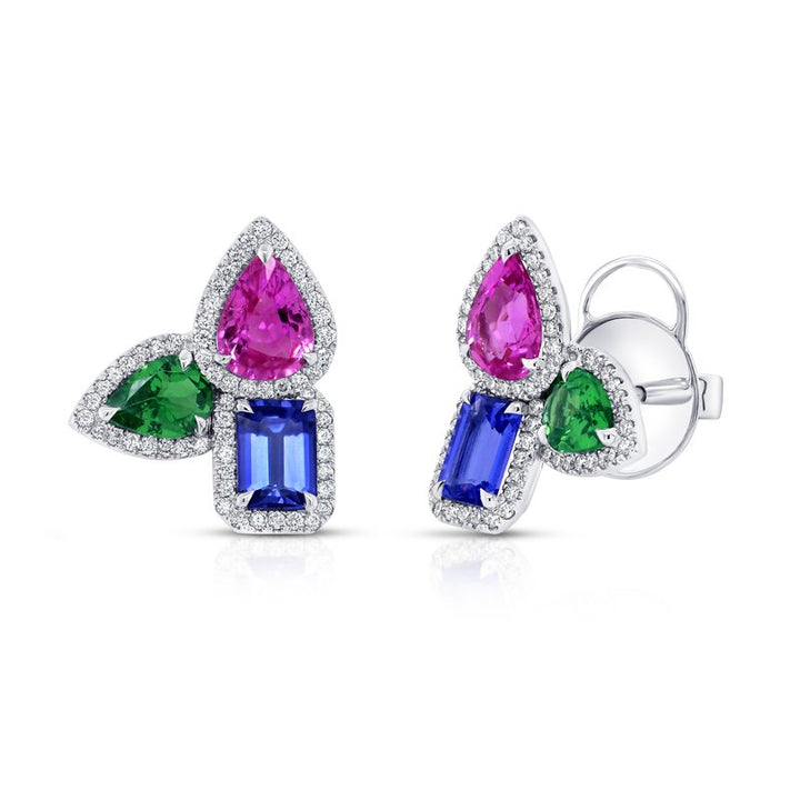 Diamond Halo Garnet Stud Earrings