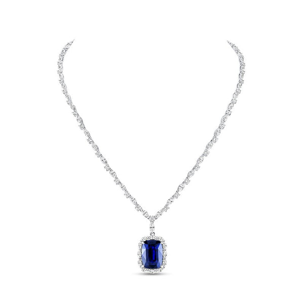 Halo Cushion Cut Blue Sapphire Choker Pendant