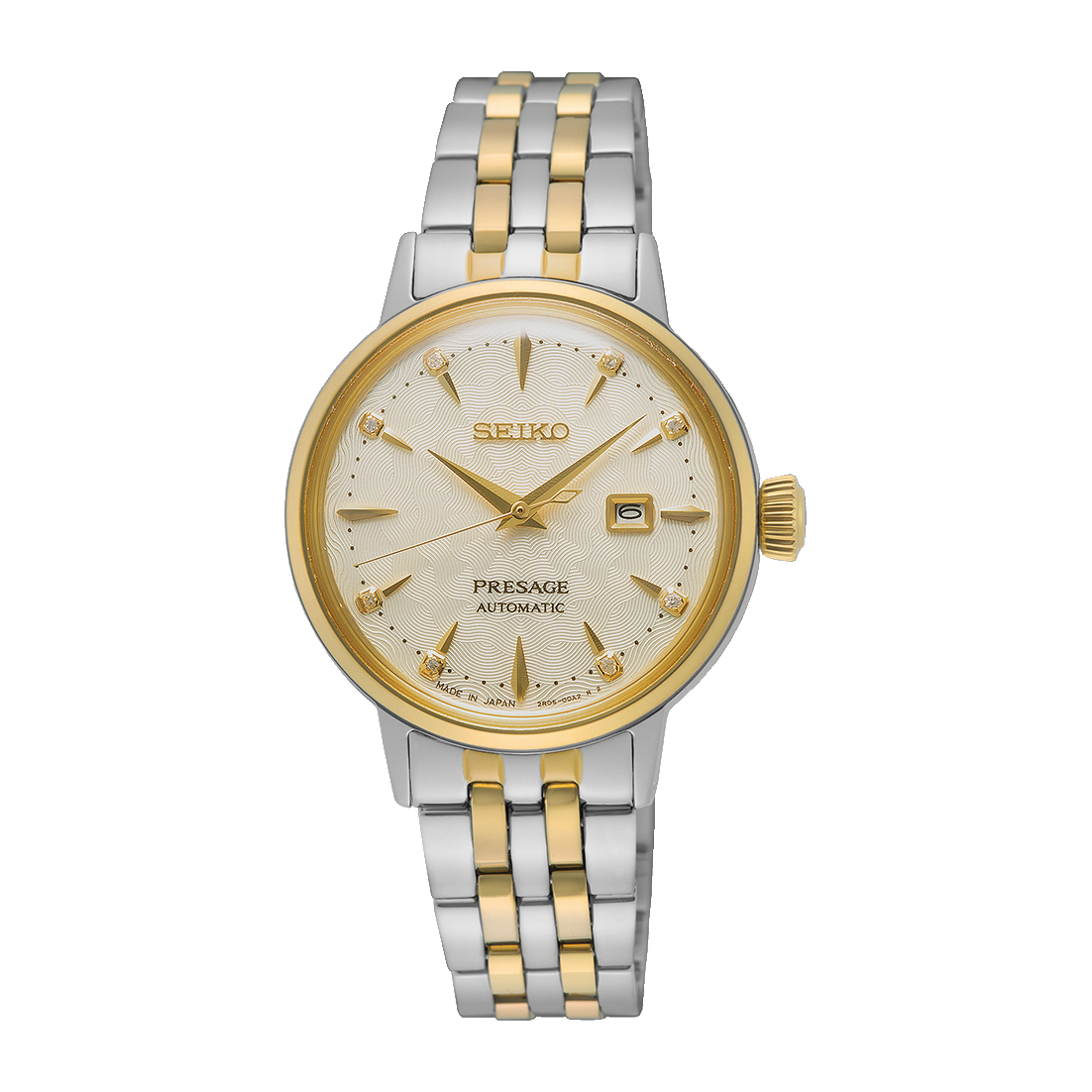Seiko two-tone stainless steel watch with white dial and diamond accents on a white background