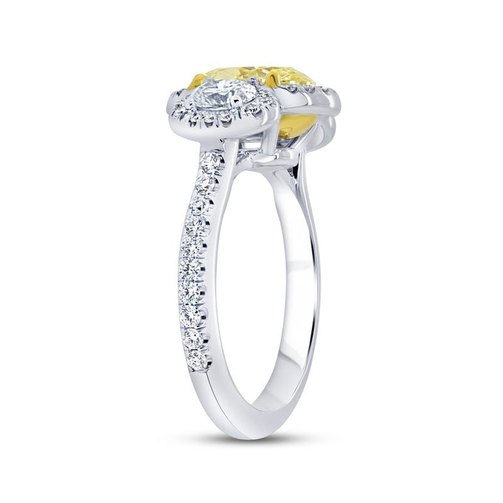 Three-Stone Halo Oval Shaped Fancy Light Yellow Diamond Ring