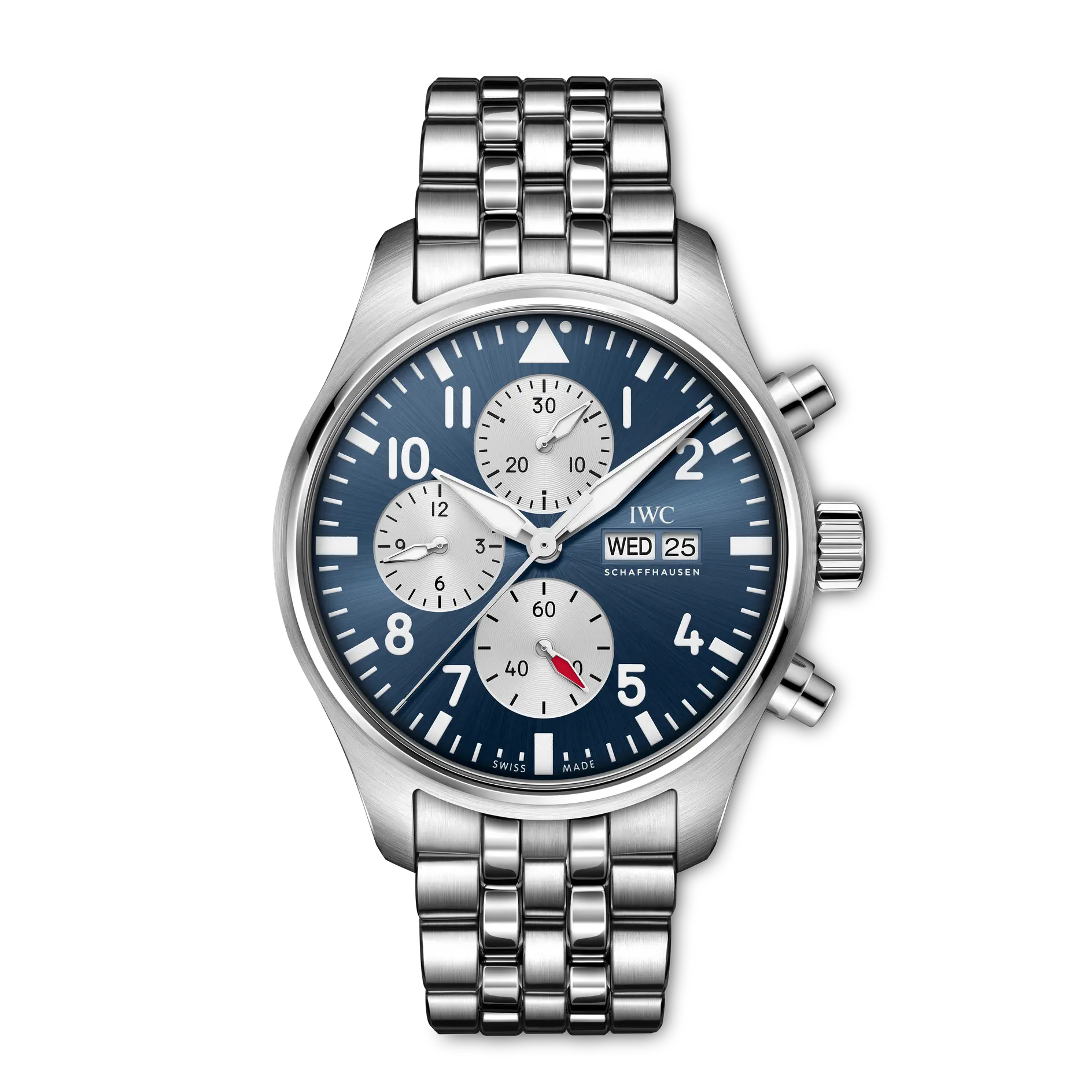 Silver watch with a blue face on a white background