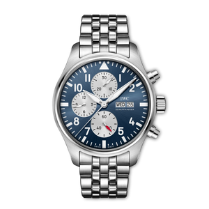 Silver watch with a blue face on a white background